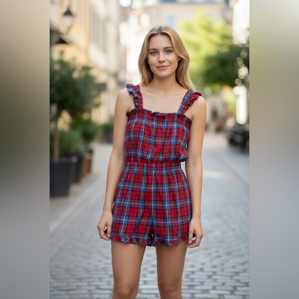 NWOT Aerie Flannel Pliad Romper Tie Detailing Super Soft Small